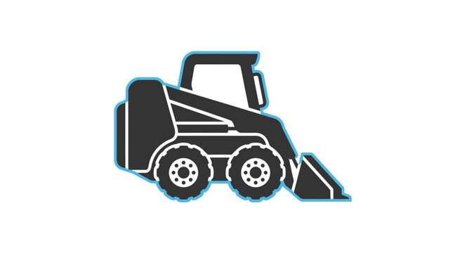 Detailed skid steer loader graphic featuring bold blue outlines and flat dark grey minimalist design elements