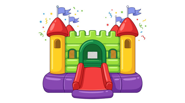 Colorful inflatable bouncy castle with bright red roof turrets and a fun sliding entrance area