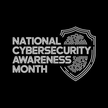 National cybersecurity awareness month logo design with a protective shield icon and a fingerprint pattern for digital security and data protection concepts illustration