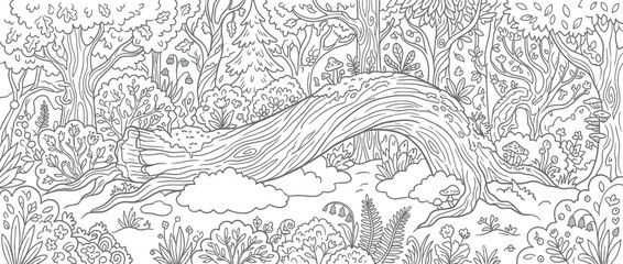Obraz premium Whimsical forest scene with fallen log and plants