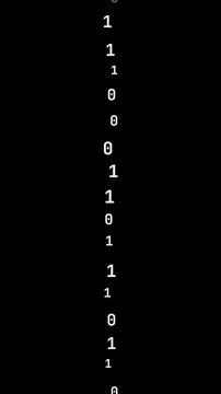 A single column of white monochrome binary digit glyphs falls continuously downward with staggered opacity fade for each glyph on a solid black background