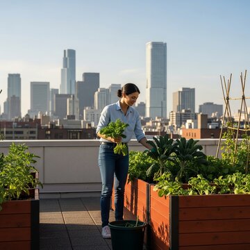 Young woman gardening organic kale on an urban rooftop farm at sunset