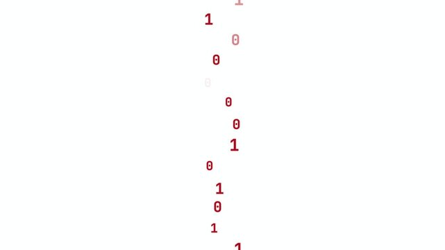 A vertical column of red glow binary digits cascades downward while randomly flickering opacity on a few glyphs per cycle to suggest a glitch pulse on white