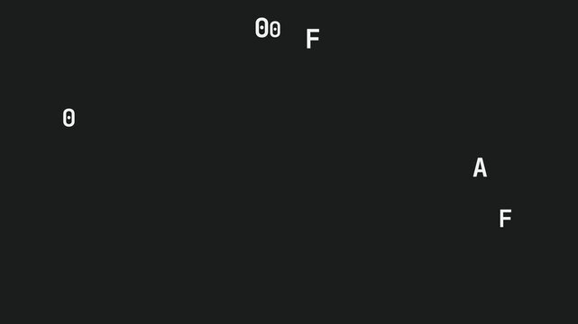 A sparse arrangement of a few white monochrome binary and hex glyphs drifts slowly downward across a mostly empty frame on a solid dark charcoal background