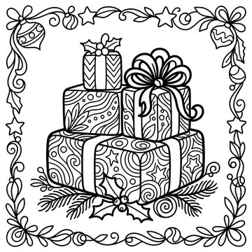 Festive Christmas Presents with Decorative Ribbon and Pine Branches.