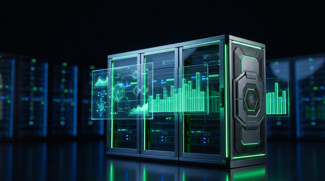 3D render of a high-tech quantum server rack displaying glowing green holographic charts and data analytics interfaces in a dark server room.