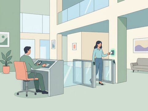 A woman using an electronic key card to pass through a glass security turnstile in a corporate office building lobby with a seated receptionist