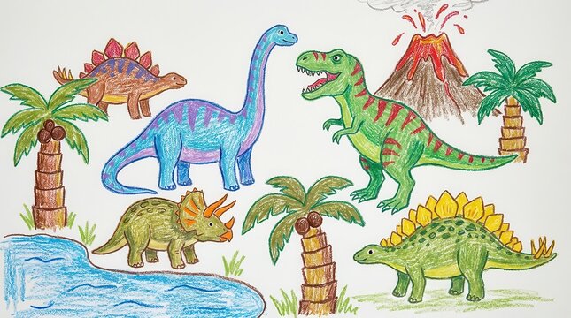 Colorful hand drawn crayon dinosaur illustration with T-rex, triceratops and flying pterodactyls, cute children's book style prehistoric artwork