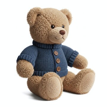 Brown teddy bear wearing blue overalls sitting on white background.