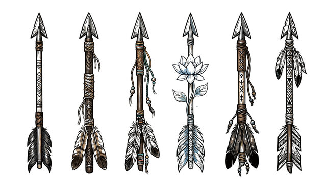Six detailed decorative arrows featuring intricate feathers, tribal patterns, soft watercolor florals and earthy rustic textures
