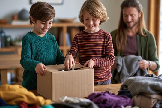 Children sealing donation box while parent organizes clothes in dining room