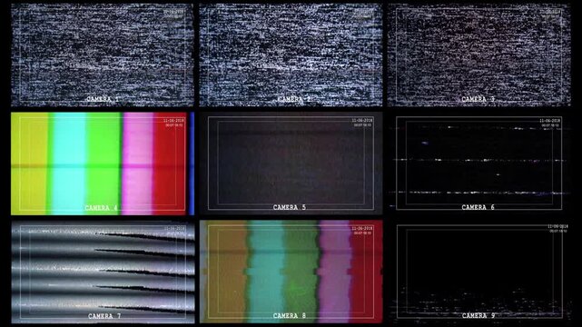 Multiple CRT monitors in a broadcasting studio flicker with glitch errors and analog signal distortion in nine layer screen on 4K video