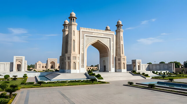 Grand arched stone gateway monument at the border of wagah between pakistan and india with monument pakistan architecture landmark exterior building structure historic
