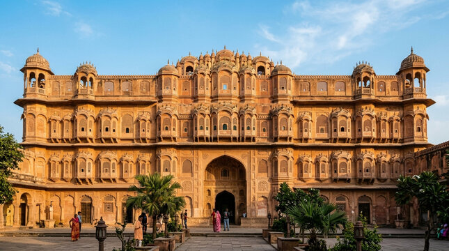 Historic Indian Palace Facade with Intricate Jharokhas and Palm Trees