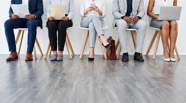 Candidates Waiting For Job Interview Sitting In Row With Resumes And Devices