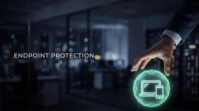 Businessman using digital security icon in modern office. Corporate professional protecting data with cybersecurity technology