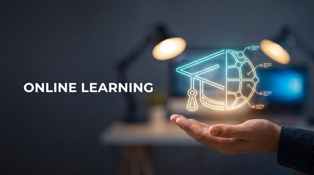 Online learning concept with digital graduation cap. Virtual education and e-learning tech.