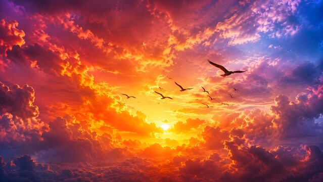 Colorful burning clouds in heaven and birds flaying sunset in the mountains