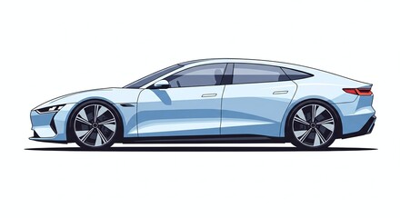 Fototapeta premium Blue luxury sedan parked on white background.