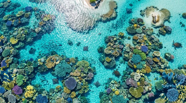 Aerial of drone over colorful tropical coral reef with aerialview droneview tropical panorama