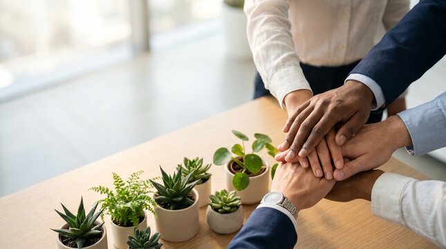 Premium Diverse Team Hands Stacked Together Over Desk with Small Green Plants Copyspace