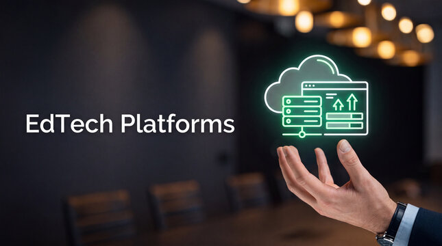 EdTech platform concept with cloud server. Digital education software and online learning.