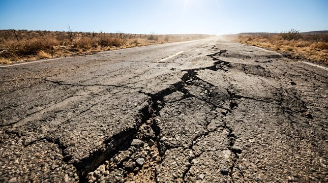 Long asphalt road with deep cracks in a sunny landscape