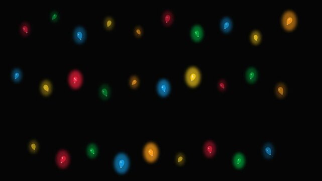 Multicolor holiday string lights flicker against a dark background in a festive motion graphic loop for seasonal celebrations.