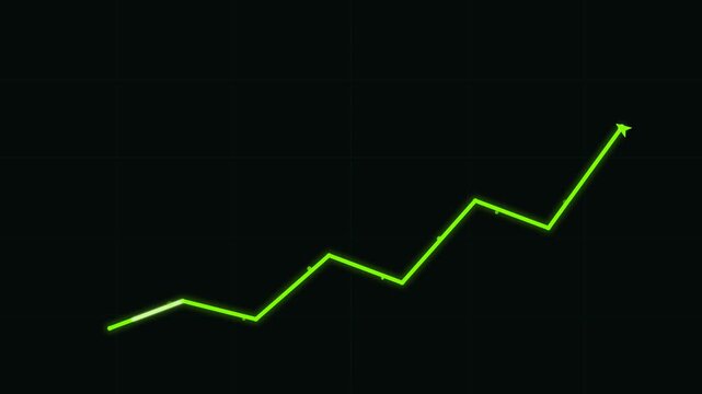 A glowing green line graph trends upward against a dark background in a minimalist digital motion graphic style representing success.