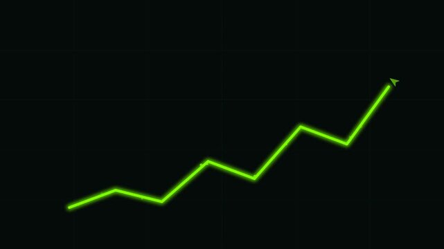 Green glowing neon line graph rises steadily against a dark background illustrating positive financial growth and stock market success.