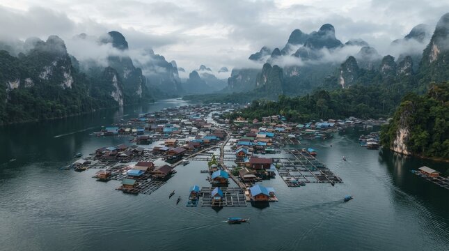 Aerial of drone view of floating village on lake surrounded by mountains with aerialview, droneview
