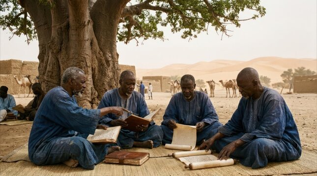 African men reading ancient scrolls under large desert tree.