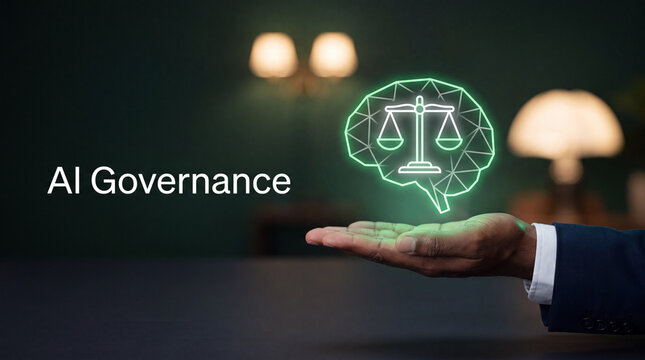 Businessman holding digital AI governance icon. Modern technology and data management concept for corporate oversight.