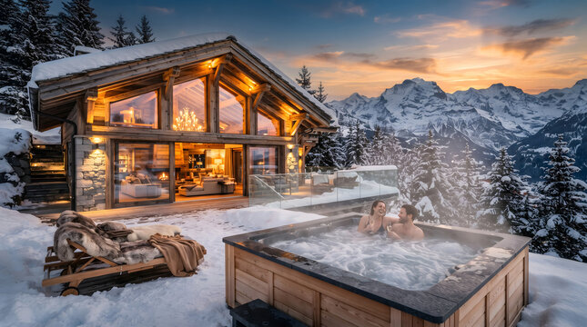 Luxury Modern Ski Chalet in the Swiss Alps with Outdoor Hot Tub and Breathtaking Mountain Sunset View in Winter