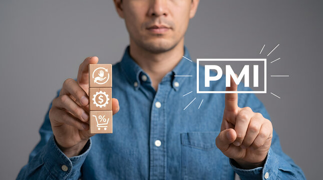 Businessman in denim shirt holding wooden blocks with handshake, gear with dollar, and shopping cart icons while pointing at PMI text on a digital interface featuring person