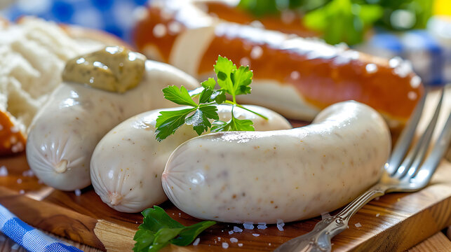 Delicious Bavarian Weisswurst Sausages Macro with Upper Copy Space for Oktoberfest Menus and Restaurant Food Flyers