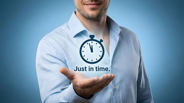 Businessman in a light blue dress shirt presenting a stopwatch icon with the text Just in time. against a blue gradient background, symbolizing punctuality and efficiency featuring person and clock