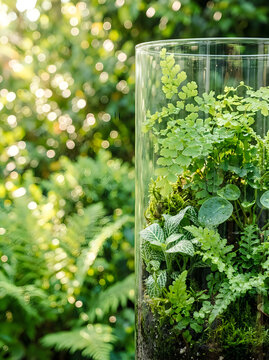 A lush fern terrarium sits outdoors bathed in soft sunlight and natural greenery