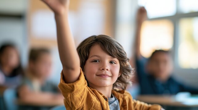 Schoolboy raising hand during a classroom lesson showcases enthusiastic engagement and eager participation within a warm and brightly lit academic environment filled with soft textures.