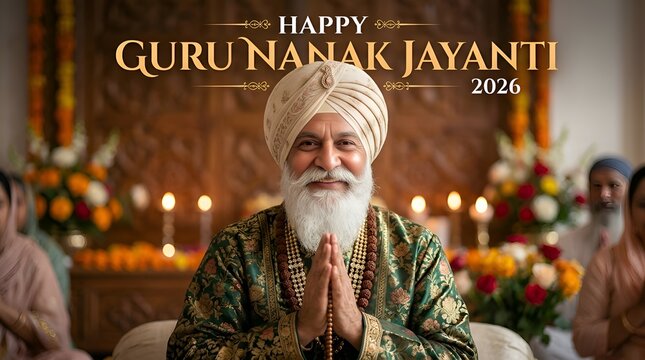 Guru Nanak Jayanti Greeting: Man in Turban with Prayer Hands, Traditional Attire, Candles