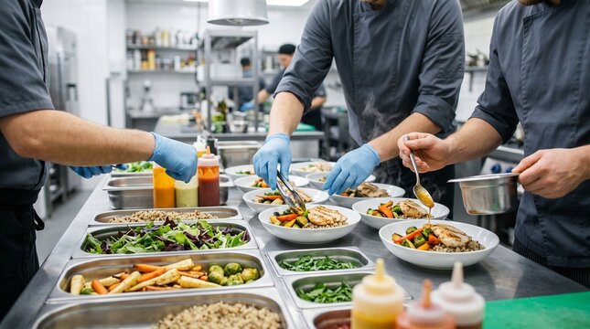 Chef Preparing Gourmet Food in Restaurant Kitchen, Waiter Serving Fresh Dishes at Dinner Table, Catering and Banquet Cuisine with Salad, Fish, Meat and Vegetables