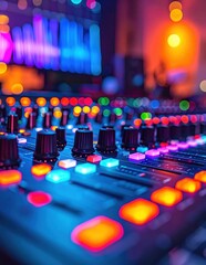Fototapeta premium Professional audio mixing console with illuminated buttons and faders, music production studio atmosphere with blurred lights and vibrant neon colors