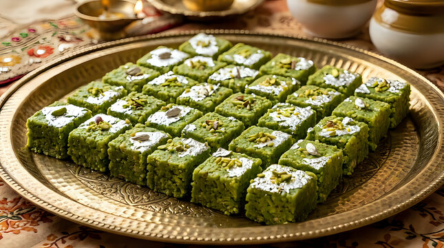 Pistachio barfi indian sweet squares on a brass platter with pistachio traditional celebration confectionery authentic delicacy vegetarian homemade