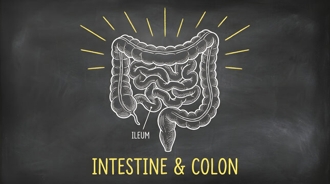 Detailed chalkboard illustration of human intestine and colon anatomy with ileum labeled, highlighted by yellow rays, and bold yellow text reading INTESTINE COLON below featuring blackboard