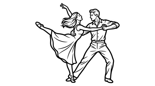 Black and white line art vector illustration of a graceful dancing couple performing a dynamic dance move together