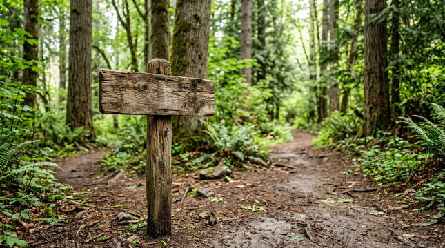 Rustic wooden signpost at a forest path fork, nature's choice, adventure awaits