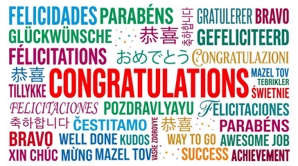 Fototapeta premium Multilingual congratulations word cloud typography featuring vibrant colorful letters celebrating global success and diverse cultural achievement