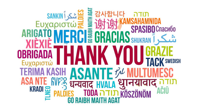 Vibrant word cloud displaying thank you in many global languages with colorful artistic watercolor textured letters