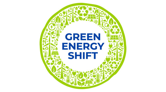 Green energy shift circular emblem featuring wind turbines and solar panels in bright lime green colors