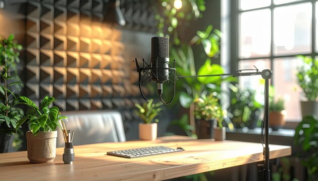 Modern podcast studio desk with professional microphone, acoustic foam panels, lush indoor plants, broadcast setup for audio recording